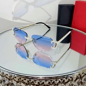 Luxury Rimless Round Cut Sunglasses Blue Pink Gradient Lens Gold Frame Diamond
